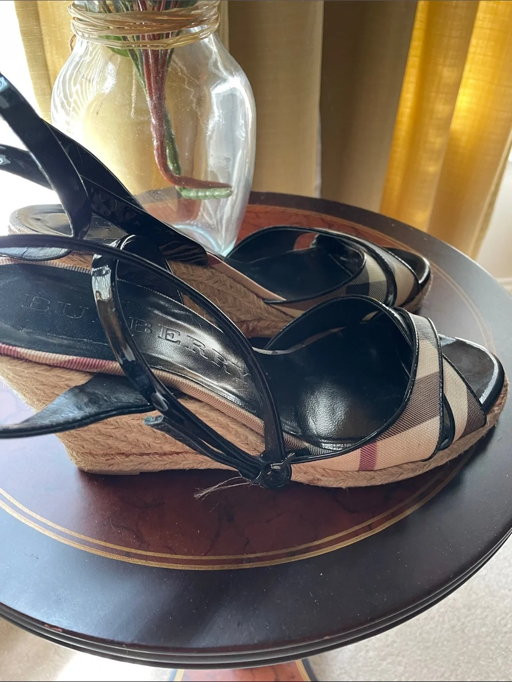 Burberry Beige & Black Check Espadrille Wedge Sandals